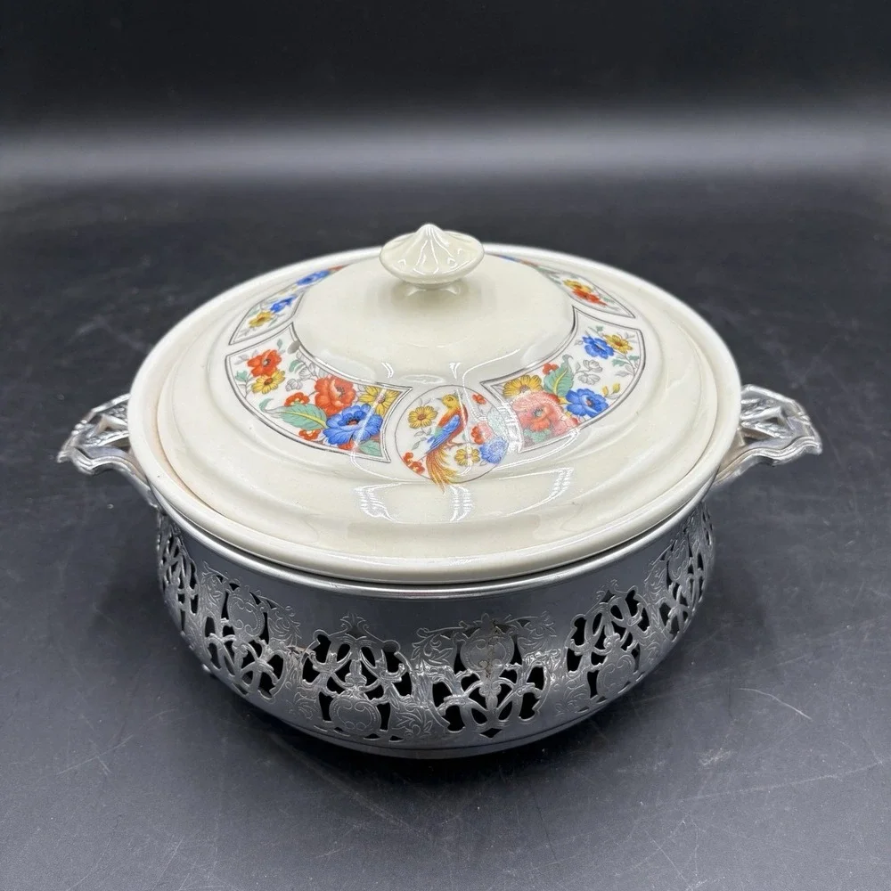 Vtg Hall China Forman Bros Round Casserole Dish Floral Birds Vented Lid Covered